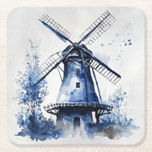 Dessous-de-verre Carré En Papier Paysage de style Delft bleu et blanc avec moulin à