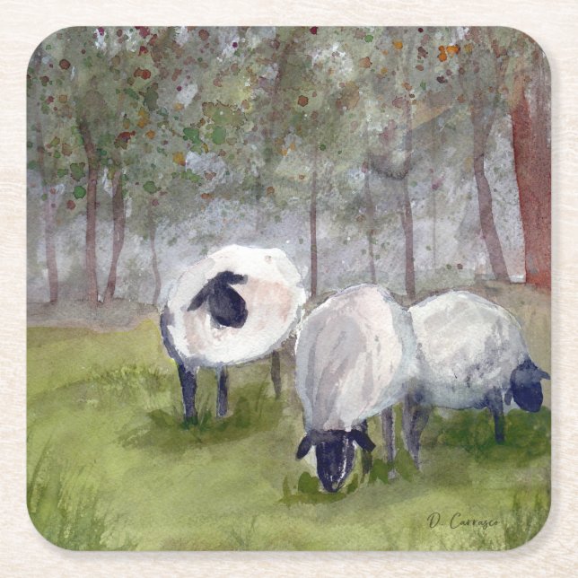 Dessous-de-verre Carré En Papier Paysage des moutons d'aquarelle (Devant)
