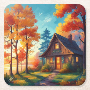 Dessous-de-verre Carré En Papier Paysage naturel avec un chalet dans la forêt