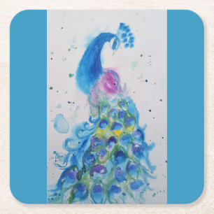 Dessous-de-verre Carré En Papier Peacock art Watercolor Peinture Cushion Aqua Turqu