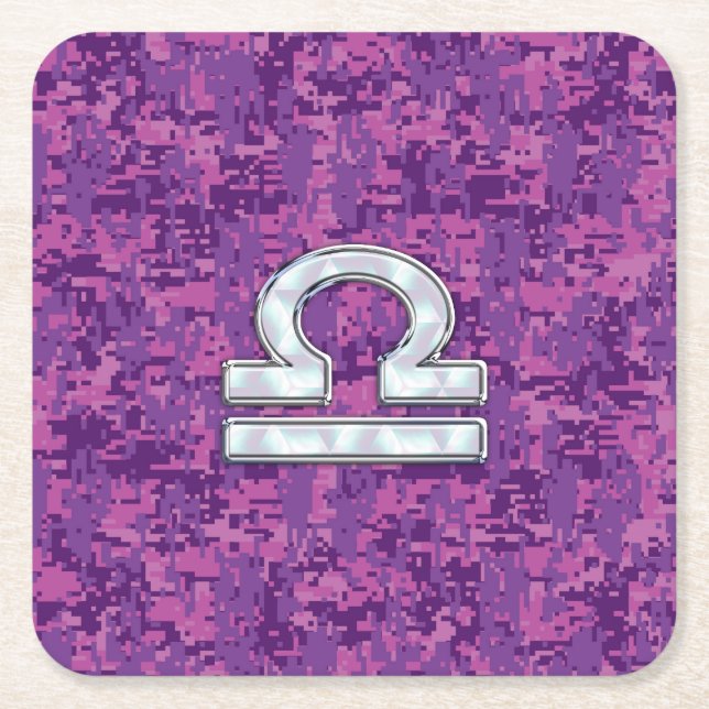 Dessous-de-verre Carré En Papier Pearl Libra Zodiac Sign on Fuchsia Camo numérique (Devant)