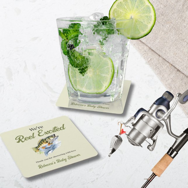 Dessous-de-verre Carré En Papier Pêche Sage Green Reel Baby shower excité (Créateur téléchargé)