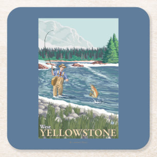 Dessous-de-verre Carré En Papier Pêcheur de mouche - Yellowstone occidental,