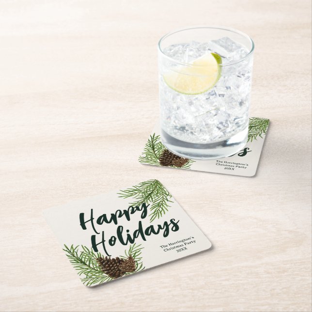 Dessous-de-verre Carré En Papier Peinture à l'aquarelle de pins hivernaux sur fond  (En situation)