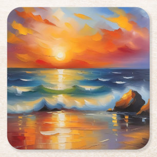 Dessous-de-verre Carré En Papier Peinture à l'huile de couché de soleil orange sur