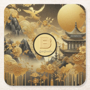 Dessous-de-verre Carré En Papier Peinture chinoise Faux Golden Dripping Monogramme