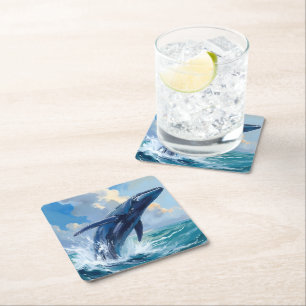 Dessous-de-verre Carré En Papier Peinture d'animal océanique baleine bleue