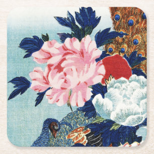 Dessous-de-verre Carré En Papier Peinture de fleurs de paon et de pivoines vintage