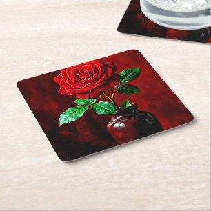 Dessous-de-verre Carré En Papier Peinture de fleurs de rose rouge 