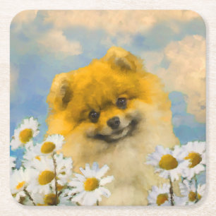 Dessous-de-verre Carré En Papier Peinture de Pomeranian dans les Pâquerettes - Art
