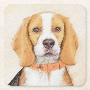 Dessous-de-verre Carré En Papier Peinture originale de chien de chasse Beagle Art a
