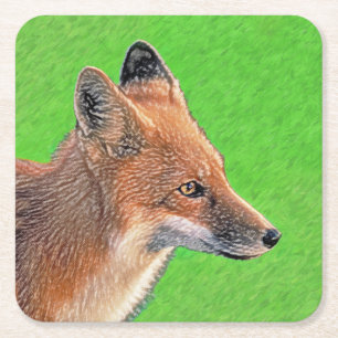 Dessous-de-verre Carré En Papier Peinture Red Fox - Art original de la faune