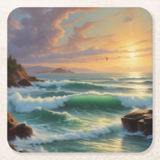 Dessous-de-verre Carré En Papier Peinture sur la mer du coucher du soleil