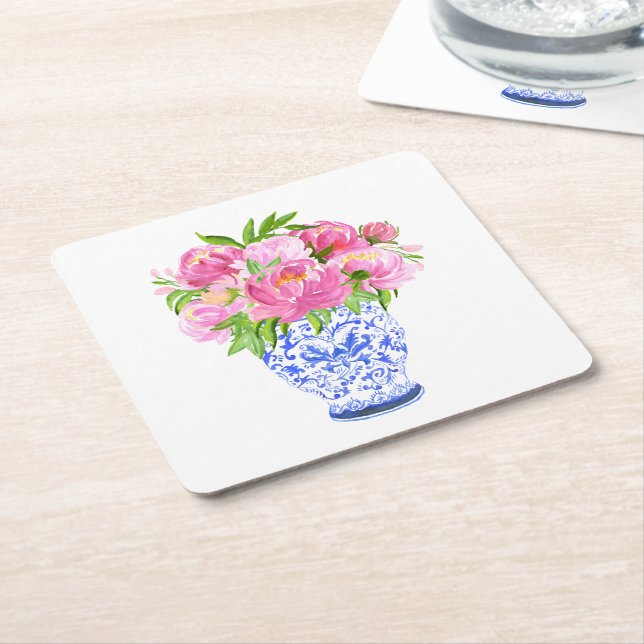 Dessous-de-verre Carré En Papier Peonies Chinoiserie Vase (Incliné)