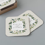 Dessous-de-verre Carré En Papier Peony blanc | Mariage de cadre floral personnalisé<br><div class="desc">Notre collection de mariages à aquarelle blanche Peony présente une verdure d'aquarelle délicatement peinte,  un feuillage botanique vert et des fleurs de pivoines blanches et d'ivoire. Personnalisez ces dessous de verre avec vos noms,  unis par un accent de script décoratif.</div>