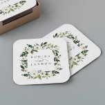 Dessous-de-verre Carré En Papier Peony blanc | Mariage de cadre floral personnalisé<br><div class="desc">Notre collection de mariages à aquarelle blanche Peony présente une verdure d'aquarelle délicatement peinte,  un feuillage botanique vert et des fleurs de pivoines blanches et d'ivoire. Personnalisez ces dessous de verre avec vos noms,  unis par un accent de script décoratif.</div>
