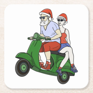 Dessous-de-verre Carré En Papier Père Noël et Mme Claus chevauchant un scooter
