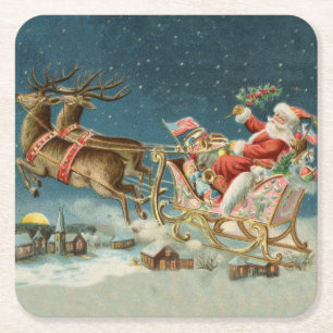 Dessous-de-verre Carré En Papier Père Noël Noël Traîneau Antique Renne