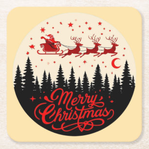 Dessous-de-verre Carré En Papier Père Noël Sleigh Joyeux Noël Forêt Scène Art"