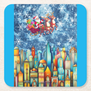 DESSOUS-DE-VERRE CARRÉ EN PAPIER PÈRE NOËL SUR LA VILLE