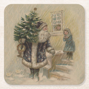Dessous-de-verre Carré En Papier Père Noël Vintage Neige Arbre de Noël