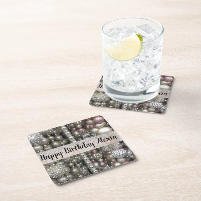 Dessous-de-verre Carré En Papier Perles argentées et roses (En situation)