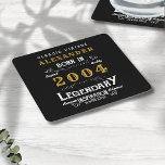 Dessous-de-verre Carré En Papier Personnalisé 21e anniversaire Né 2004 Vintage Noir<br><div class="desc">Un dessous de verre de papier classique personnalisé pour cette célébration d'anniversaire pour quelqu'un né en 2004 et 21 ans. Ajoutez le nom à ce design vintage de style rétro noir, blanc et or pour un cadeau personnalisé de 21ème anniversaire. Modifiez facilement le nom et l'année avec le modèle fourni....</div>