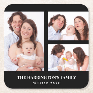 Dessous-de-verre Carré En Papier Personnalisé 3 sections Famille Photo Collage Blac