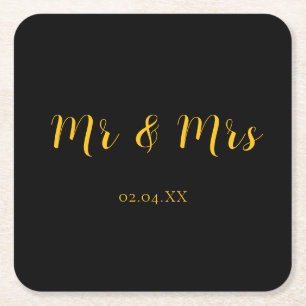 Dessous-de-verre Carré En Papier Personnalisé Noir avec Jaune Mr & Mrs