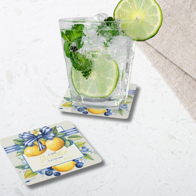 Dessous-de-verre Carré En Papier Petit Baby shower citron en carreaux bleu doux (Créateur téléchargé)
