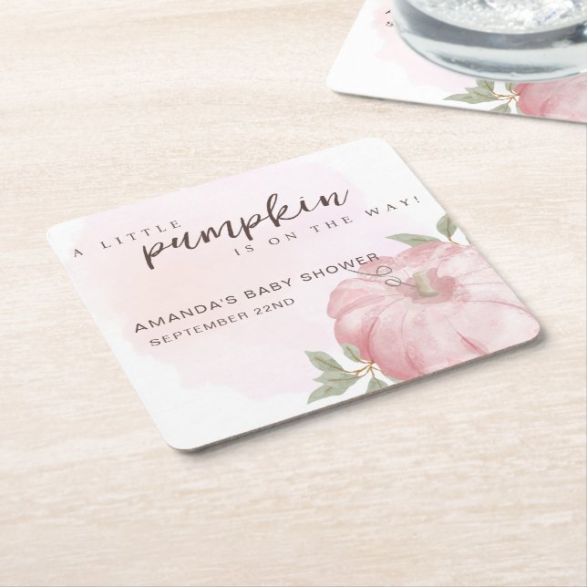 Dessous-de-verre Carré En Papier Petit Citrouille rose Baby shower d'automne (Incliné)