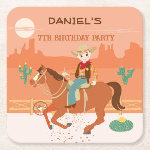 Dessous-de-verre Carré En Papier Petit cow-boy cool et cheval fête d'anniversaire