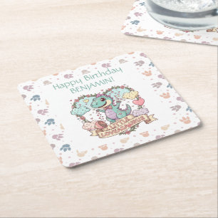 Dessous-de-verre Carré En Papier Petit Dino Anniversaire Personnalisé