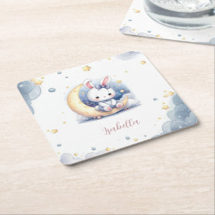 Dessous-de-verre Carré En Papier petit lapin blanc mignon assis sur la lune