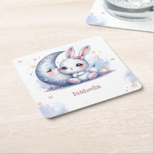 Dessous-de-verre Carré En Papier petit lapin blanc mignon et la lune