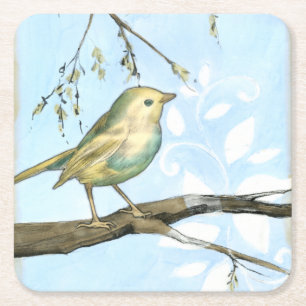 Dessous-de-verre Carré En Papier Petit oiseau jaune perché sur une branche Recherch