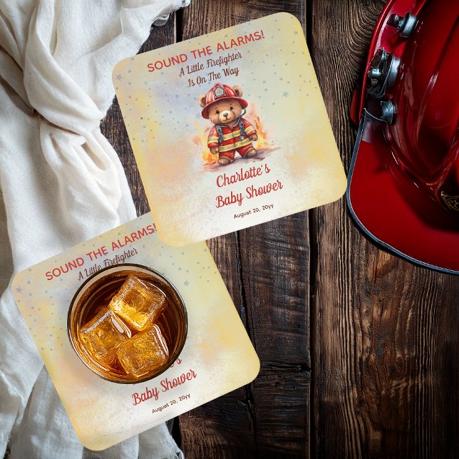 Dessous-de-verre Carré En Papier Petit Ours Teddy Pompière Baby Shower (Sound the Alarms!  A Little Firefighter Is On The Way Cute Teddy Bear Baby Shower Paper Coaster)