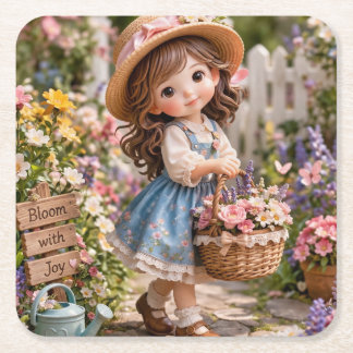 Dessous-de-verre Carré En Papier Petite fille et son jardin de fleurs