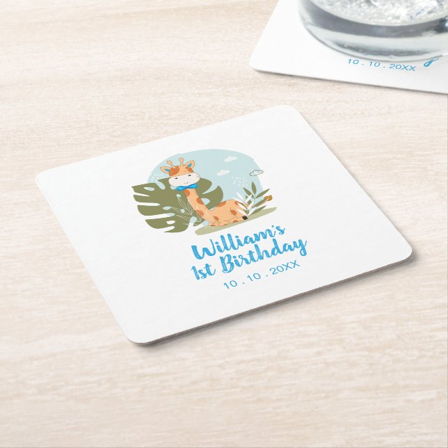 Dessous-de-verre Carré En Papier Petite Giraffe (animal de Safari garçon) Anniversa (Incliné)