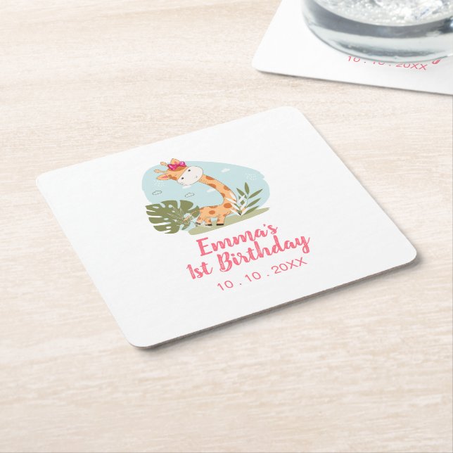 Dessous-de-verre Carré En Papier Petite Giraffe (Fille Safari animal) Anniversaire (Incliné)