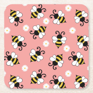 Dessous-de-verre Carré En Papier Petites abeilles mignonnes et fleurs marguerites m