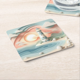 Dessous-de-verre Carré En Papier Phare au bord de la mer