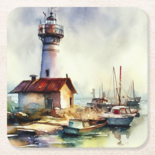 Dessous-de-verre Carré En Papier Phare du Maine et bateaux Watercolor Art