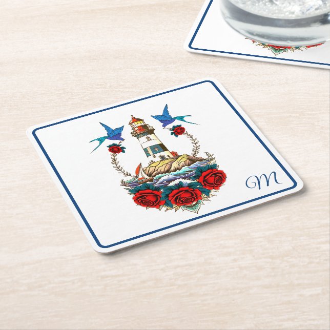 Dessous-de-verre Carré En Papier Phare Nautique Floral Rouge Bleu (Incliné)