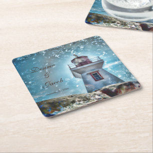Dessous-de-verre Carré En Papier Phare Océan Bleu Nautique Rustique Côté
