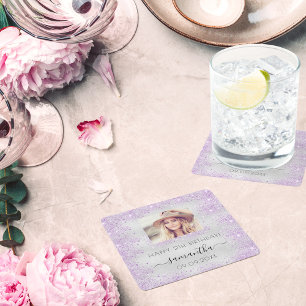Dessous-de-verre Carré En Papier Photo Anniversaire argent violet parties scintilla