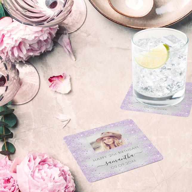 Dessous-de-verre Carré En Papier Photo Anniversaire argent violet parties scintilla (Créateur téléchargé)