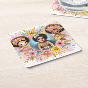 Dessous-de-verre Carré En Papier Photo Anniversaire Little Black Fairy African Pink