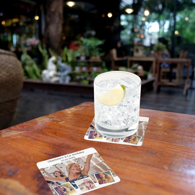 Dessous-de-verre Carré En Papier Photo collage blanc fête d'anniversaire (Créateur téléchargé)