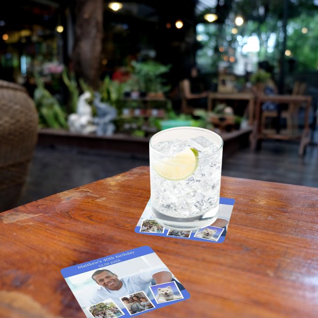 Dessous-de-verre Carré En Papier Photo collage royal bleu fête d'anniversaire (Créateur téléchargé)